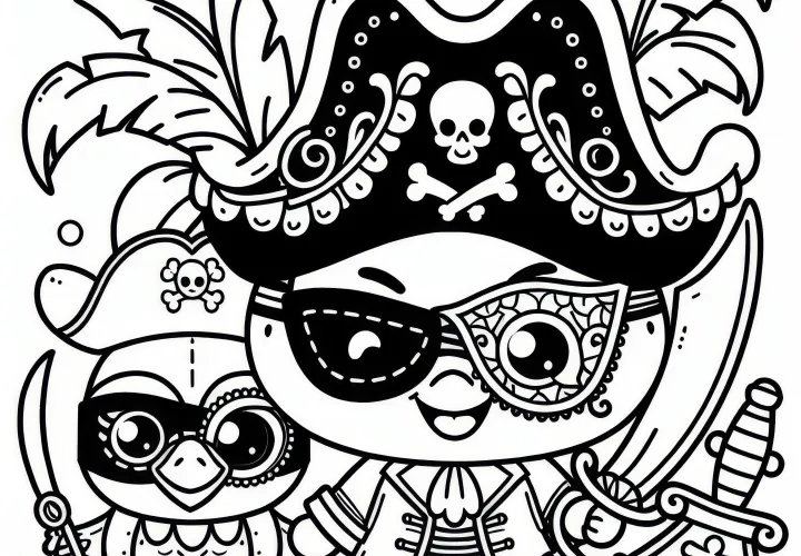 Piráti s očnou páskou, klobúkom a šabľou – karnevalová omalovánka Piráti s očnou páskou, klobúkom a šabľou – karnevalová omalovánka