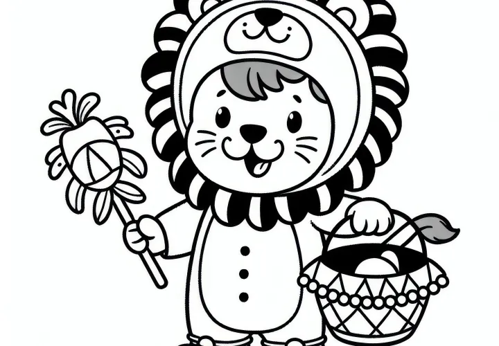 Dieťa v kostýme leva: Jednoduché, bezplatné omaľovánky na karneval Dieťa v kostýme leva: Jednoduché, bezplatné omaľovánky na karneval