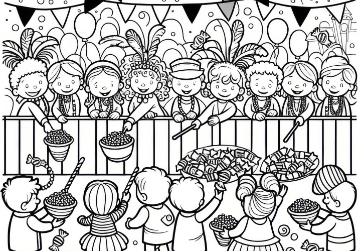 Diváci na karnevalovom sprievode: Kamelle a fašiangy – jednoduchá a bezplatná omalovánka Diváci na karnevalovom sprievode: Kamelle a fašiangy – jednoduchá a bezplatná omalovánka