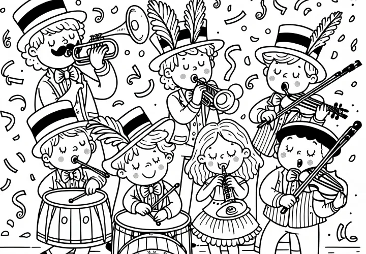## Hudobná skupina na karnevalovom sprievode – Vymaľovanka ## Hudobná skupina na karnevalovom sprievode – Vymaľovanka