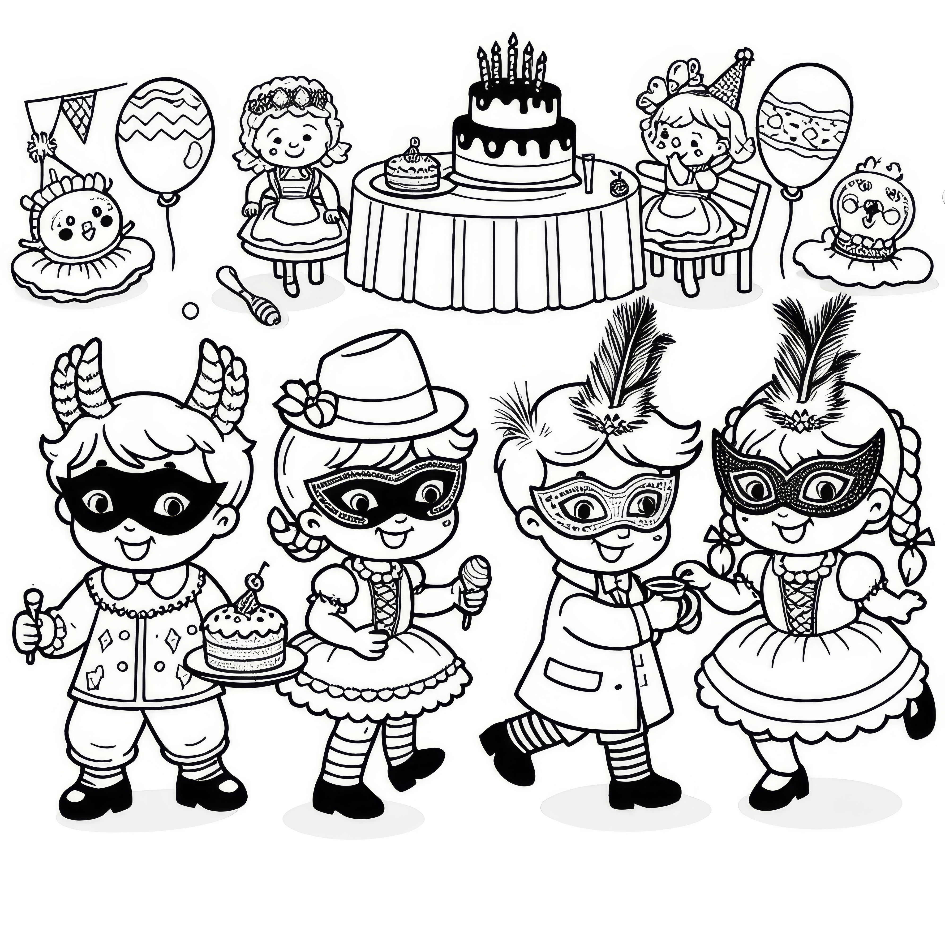 Fiesta de carnaval infantil divertida como plantilla para colorear