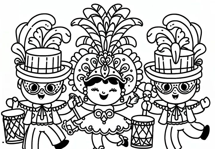 Tanecná skupina v farebných kostýmoch na karnevalovom sprievode Tanecná skupina v farebných kostýmoch na karnevalovom sprievode