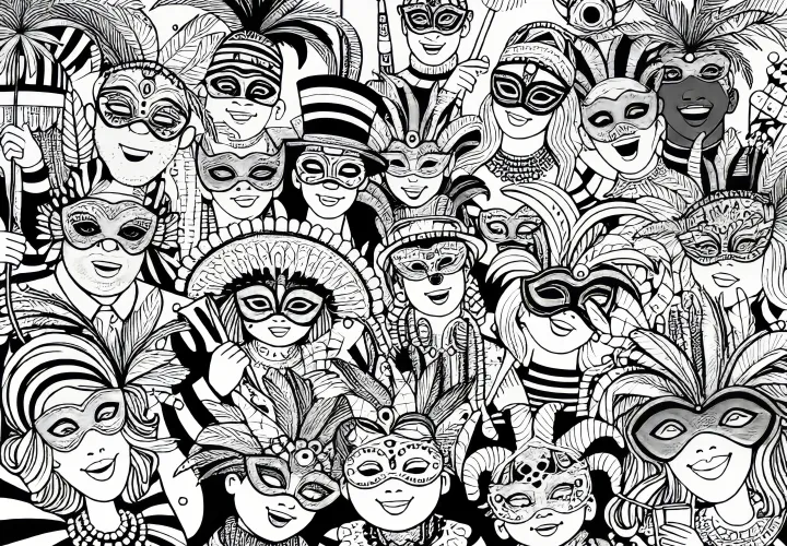 Ľudia s maskami na karnevale: Omalovánka Jednoduchá a Bezplatná Ľudia s maskami na karnevale: Omalovánka Jednoduchá a Bezplatná