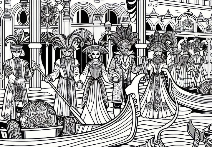 Benátsky karneval s maskami, loďami a historickým oblečením Benátsky karneval s maskami, loďami a historickým oblečením