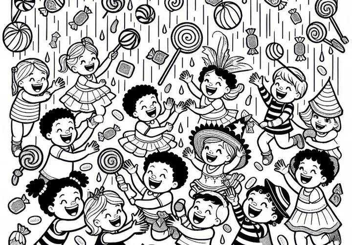 Dážď cukroviniek s deťmi, ktoré chytajú sladkosti Dážď cukroviniek s deťmi, ktoré chytajú sladkosti