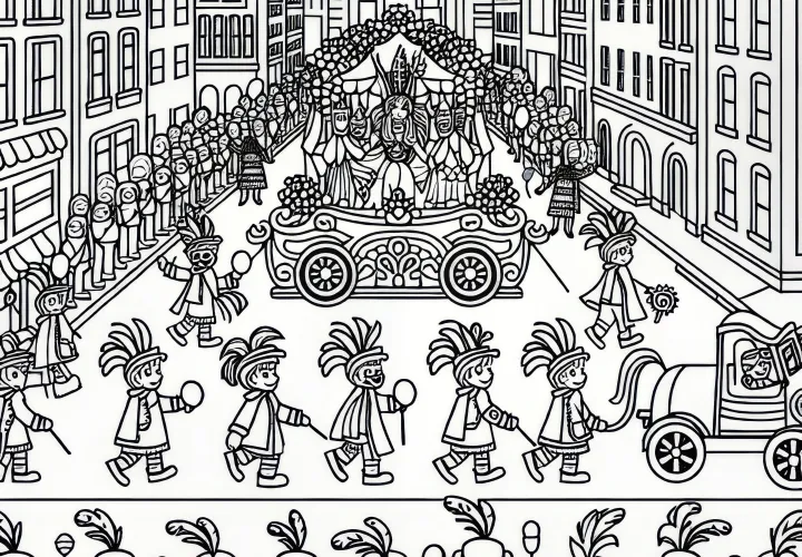 Karnevalový sprievod v meste: Jednoduchá, bezplatná omaľovánka Karnevalový sprievod v meste: Jednoduchá, bezplatná omaľovánka