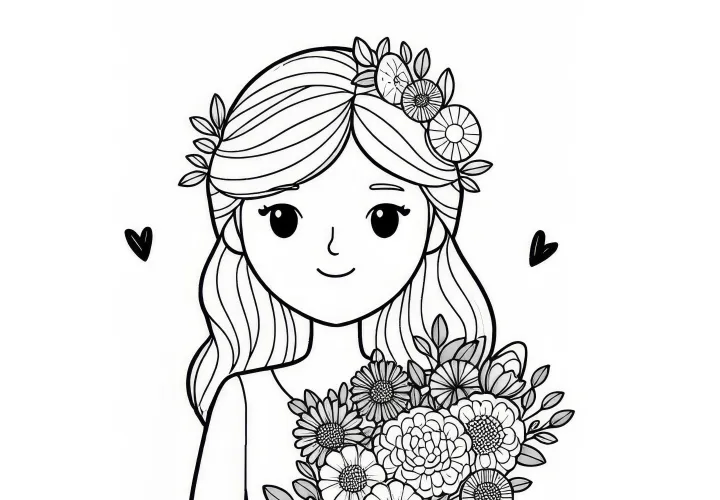 Ung kvinde med blomsterbuket til kvindedagen: Enkel farvelægningside (Gratis)