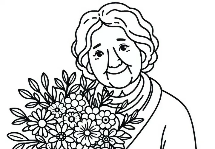 Gammel dame med blomsterbuket til Kvindernes Internationale Kampdag: Download enkel farvelægningsark gratis