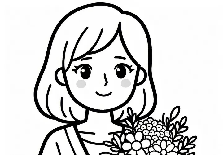 Kvinde med en buket blomster: Kvindedag enkel farveside (Gratis)