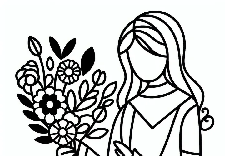 Kvinde med buket blomster: Enkel farvelægning til Kvindernes Internationale Kampdag (Gratis)