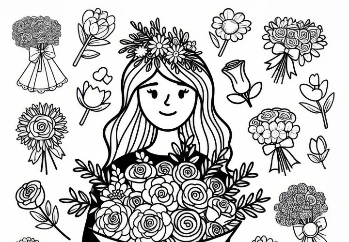 Blomsterbuket til Kvindernes Dag: Enkel tegning til farvelægning (Gratis)