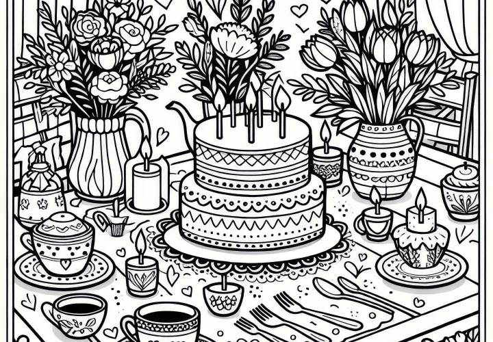 Festligt dækket bord med kage, te og blomster: Malebillede til Kvindernes Dag (Gratis)