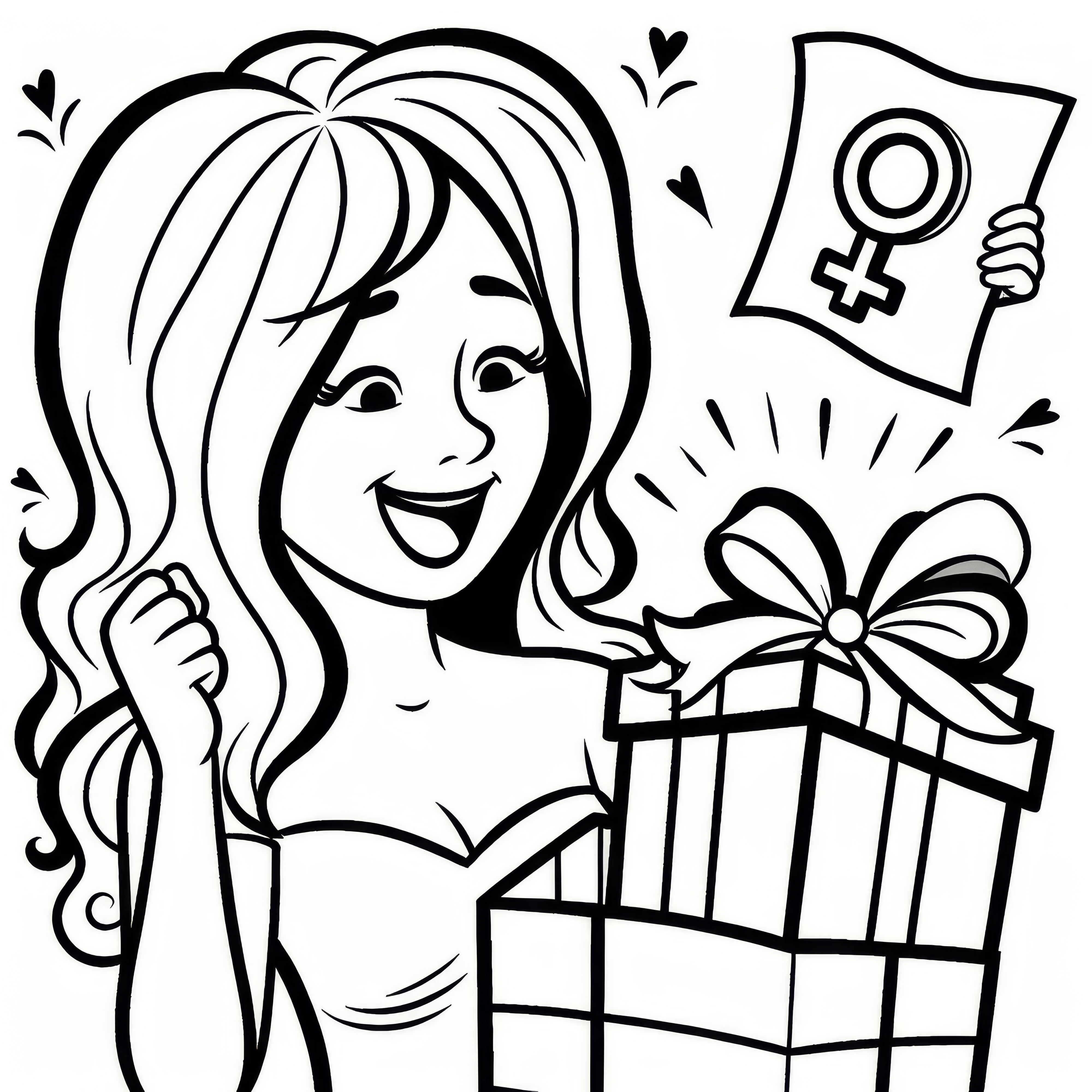 女性がプレゼントを開けて微笑む：女性デー用の塗り絵（無料）
