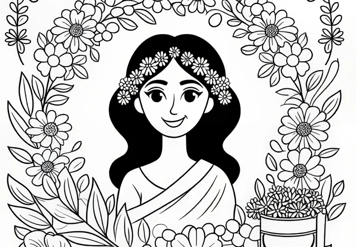Blomsterkrans med et portræt af en smilende kvinde: Kvindedagstegning (Gratis)