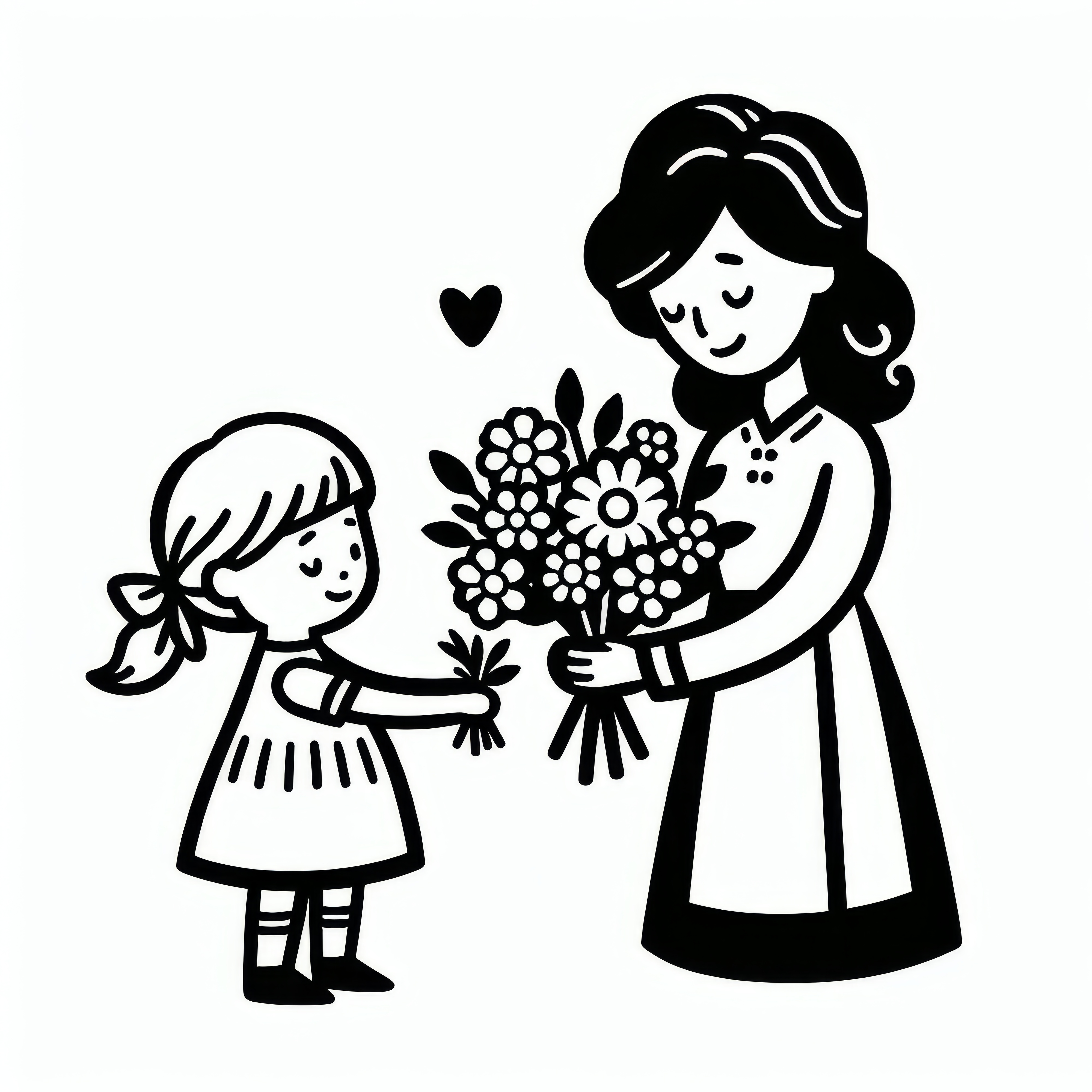 Barn med blomsterbukett til kvinne på kvinnedagen: Enkel fargeleggingsside (Gratis)