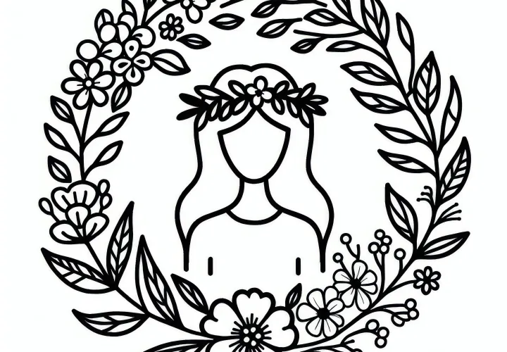 Blomsterkrans med blomster og blade: Malebogsside til Kvindernes Kampdag (Gratis)
