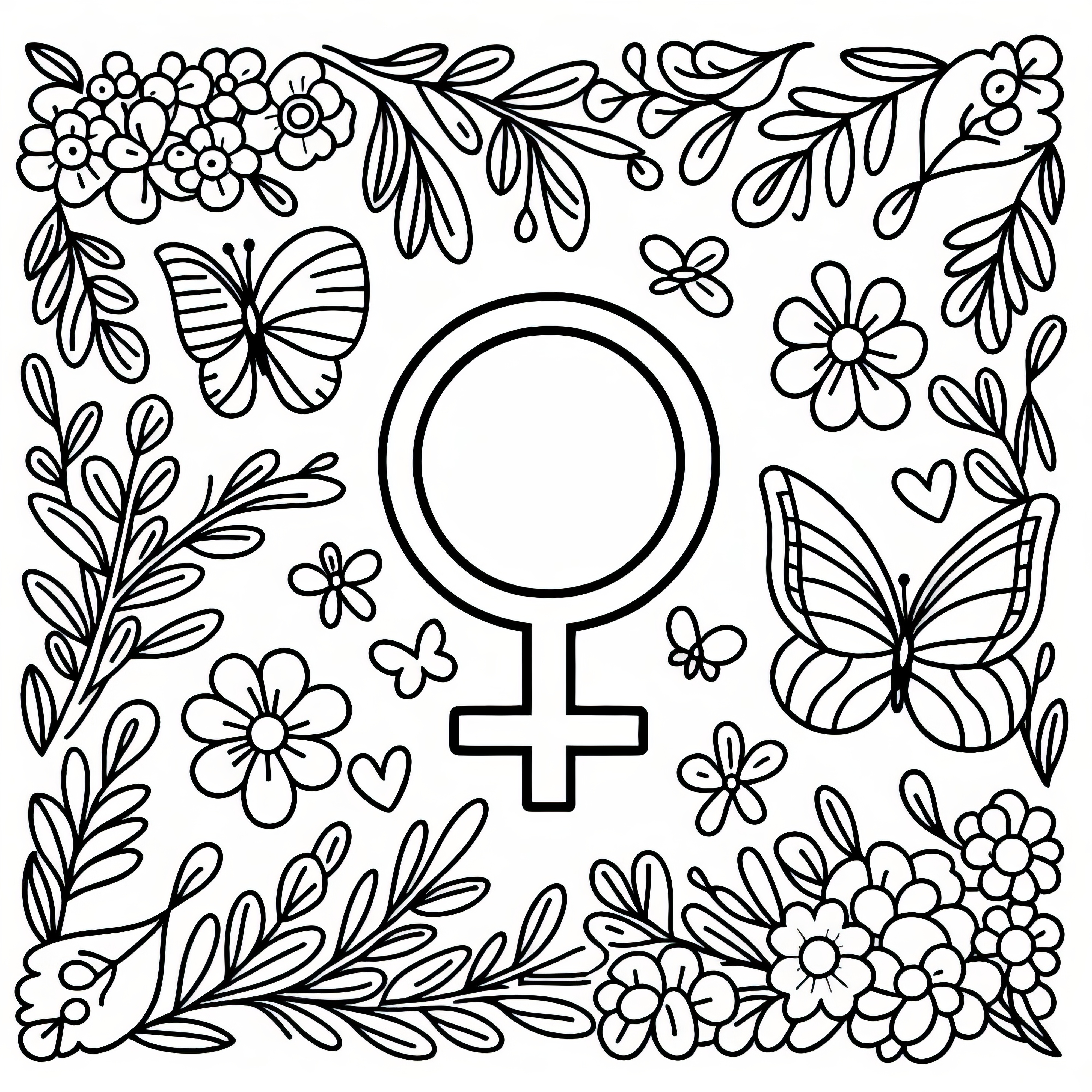 여성 기호가 꽃과 나비로 둘러싸인 여성의 날 염색하기용 그림 (무료)