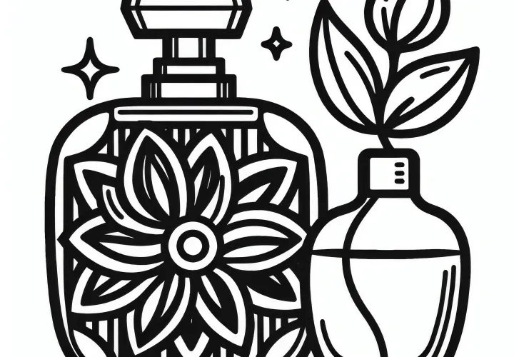 Parfumflaske med blomst som dekoration: Kvindedag malebog (Gratis)