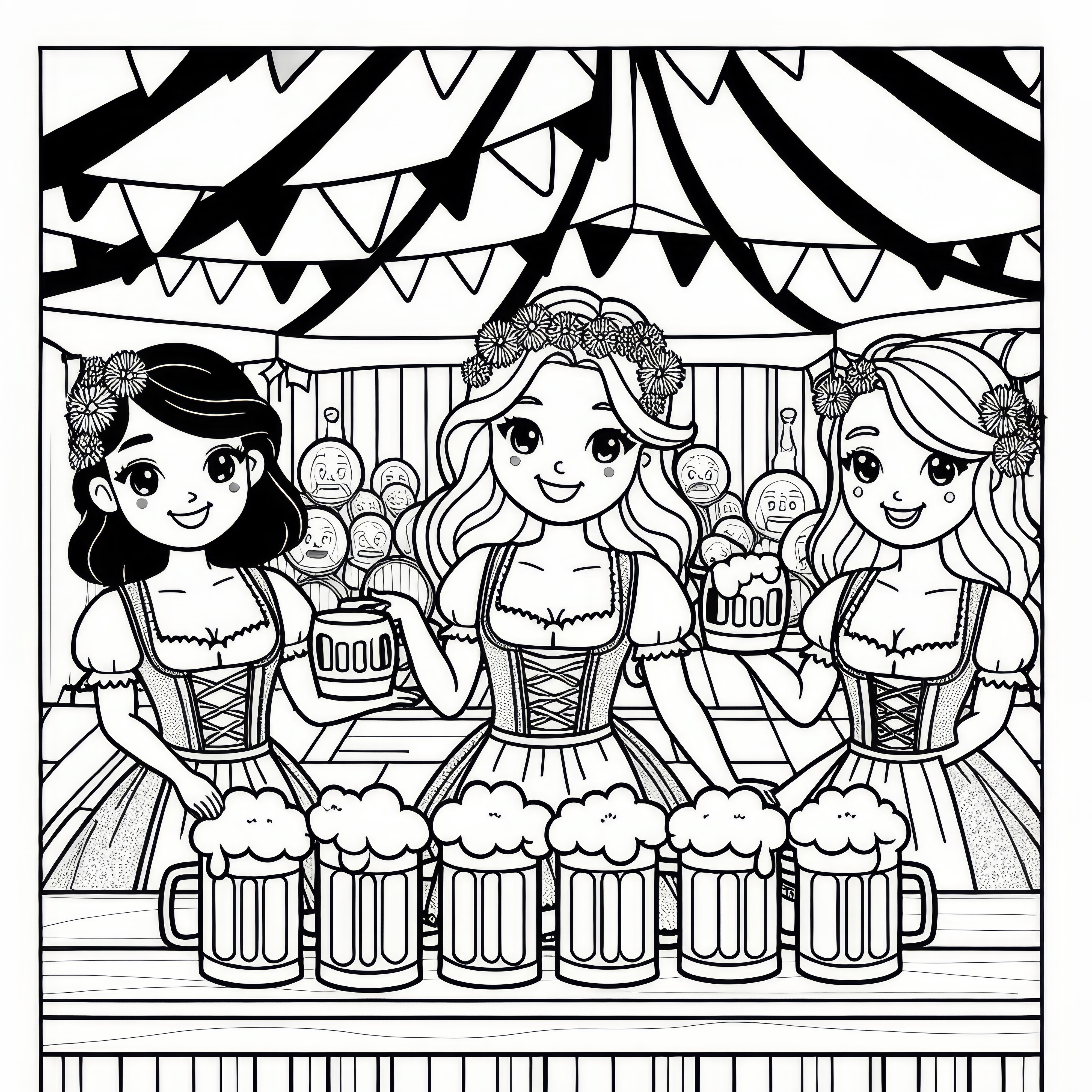 オクトーバーフェストのテントでディアンドルを着た女性がビールを提供する塗り絵（無料）