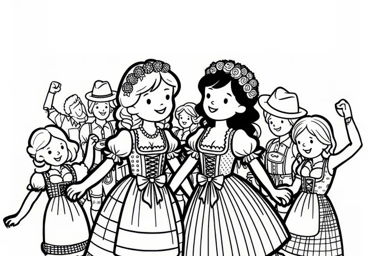 Nők dirndl-ben az Oktoberfesten: Egyszerű színező kép (Ingyenes)