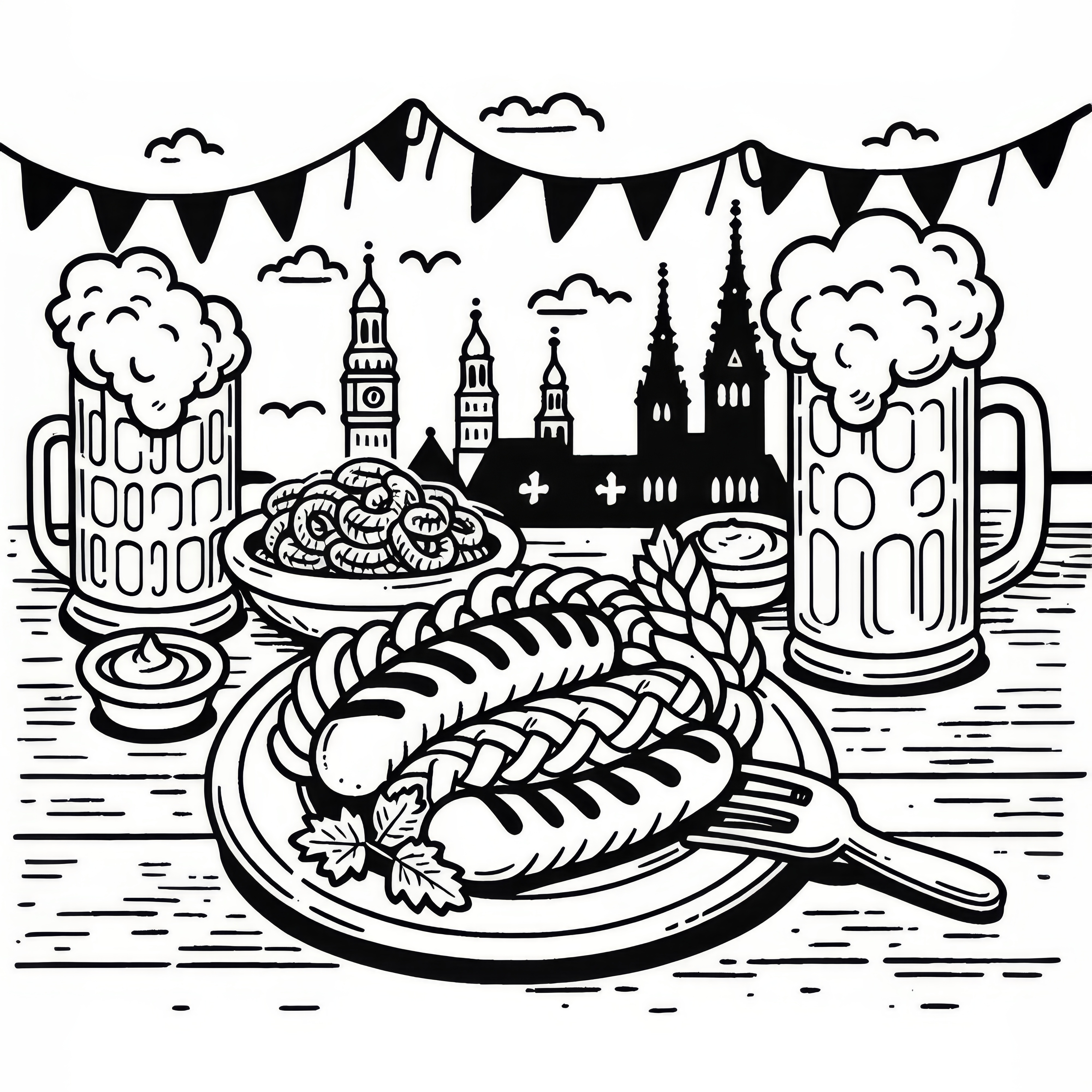 Bílé klobásy s hořčicí na talíři k Oktoberfestu: Zdarma omalovánka