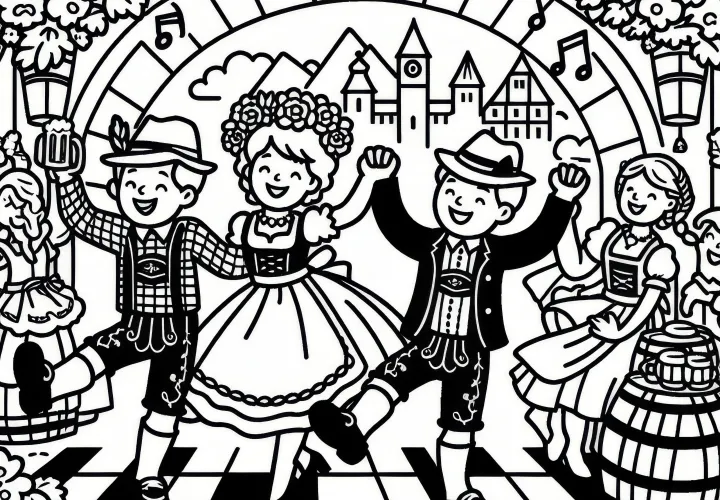 Schuhplattler az Oktoberfesten: Egyszerű színezőlap (Ingyenes)