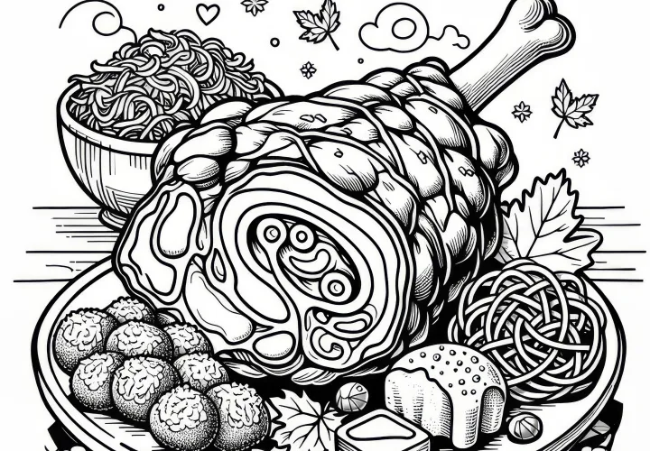 Sertéscsülök káposztával és gombóccal: Színezőlap az Oktoberfesthez (Ingyenes)