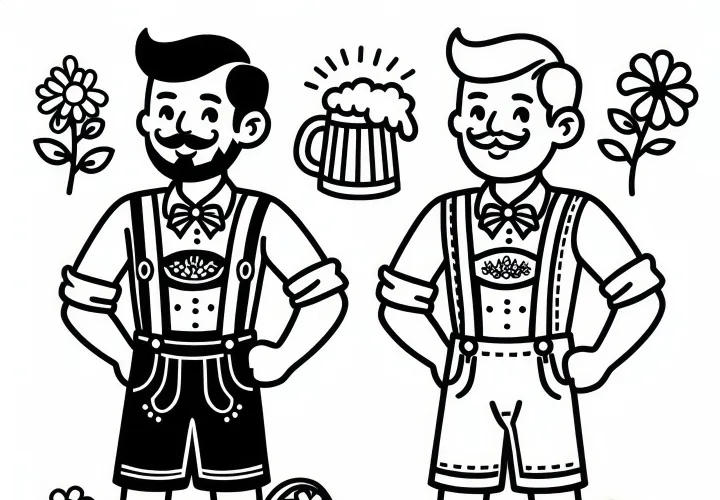 Férfiak bőr nadrágban az Oktoberfesten: Egyszerű színező kép (Ingyenes)