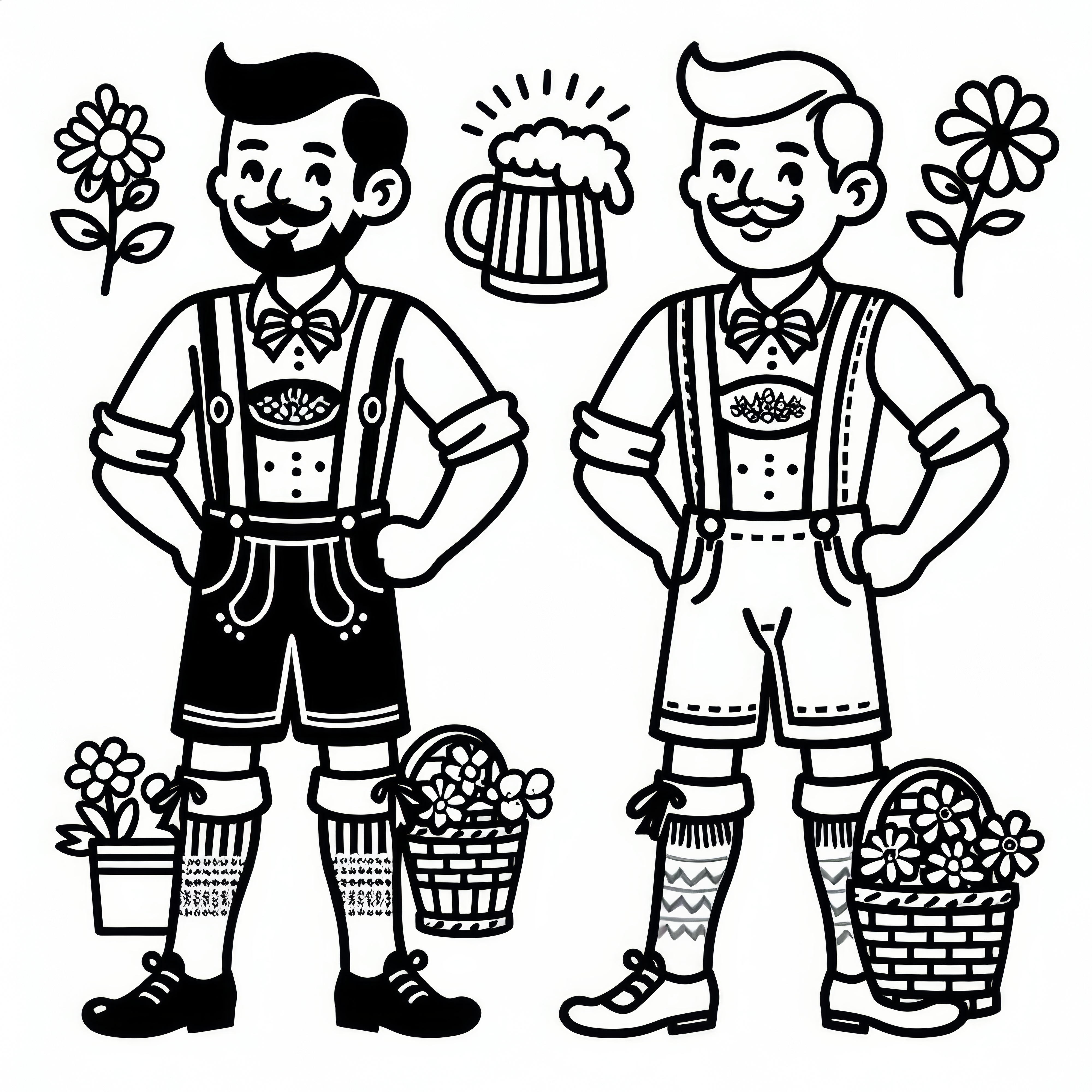 Hommes en Lederhose pour l'Oktoberfest : coloriage simple (gratuit)