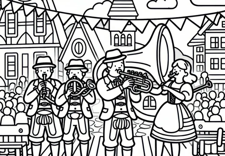 Fúvószenekar az Oktoberfesten: Egyszerű színezőlap (Ingyenes)