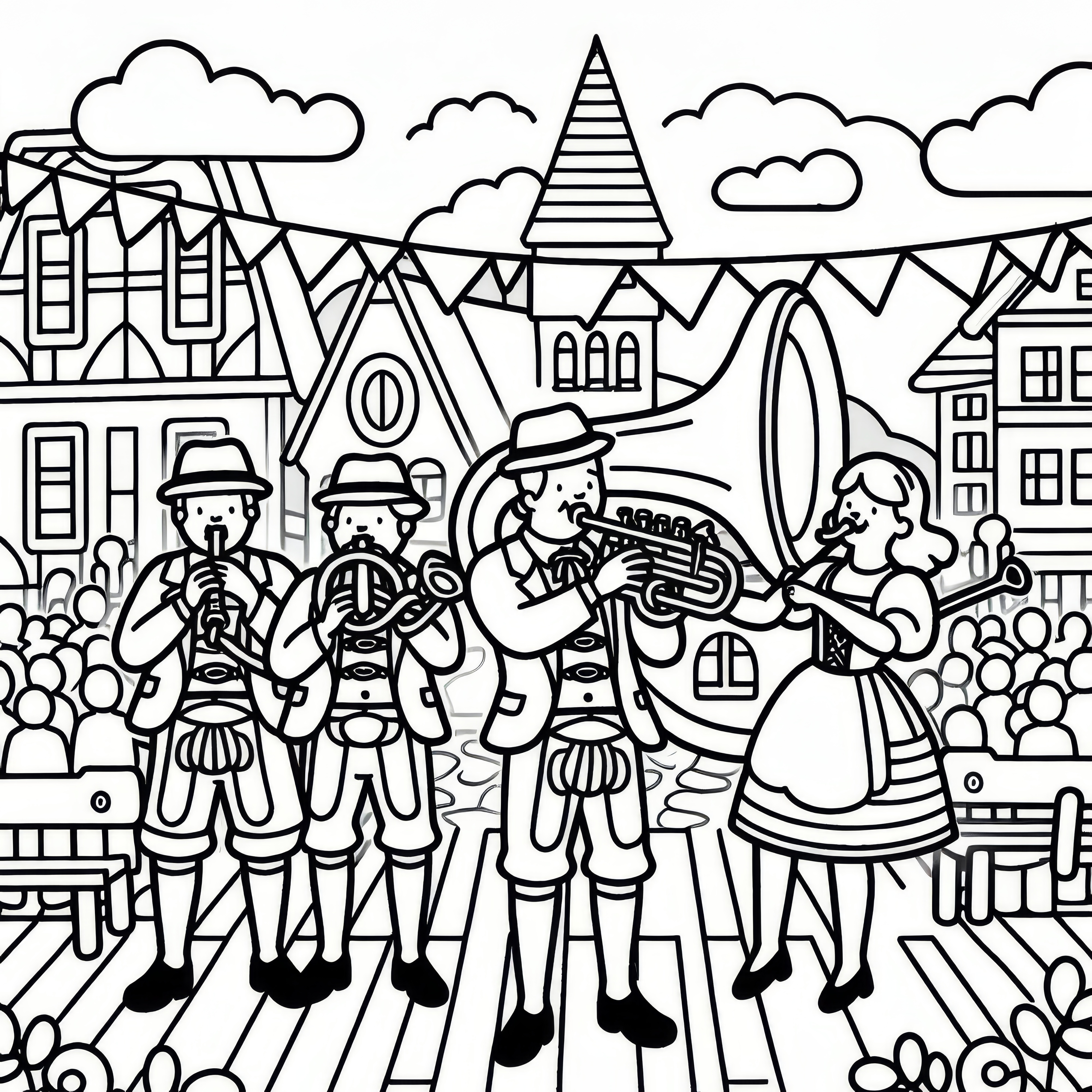 Dětská kapela na Oktoberfestu: Jednoduchý obrázek k vybarvení (zdarma)