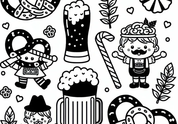 Motívumok az Oktoberfesthez sörrel és pereccel: Egyszerű színezőlap letöltésre (Ingyenes)