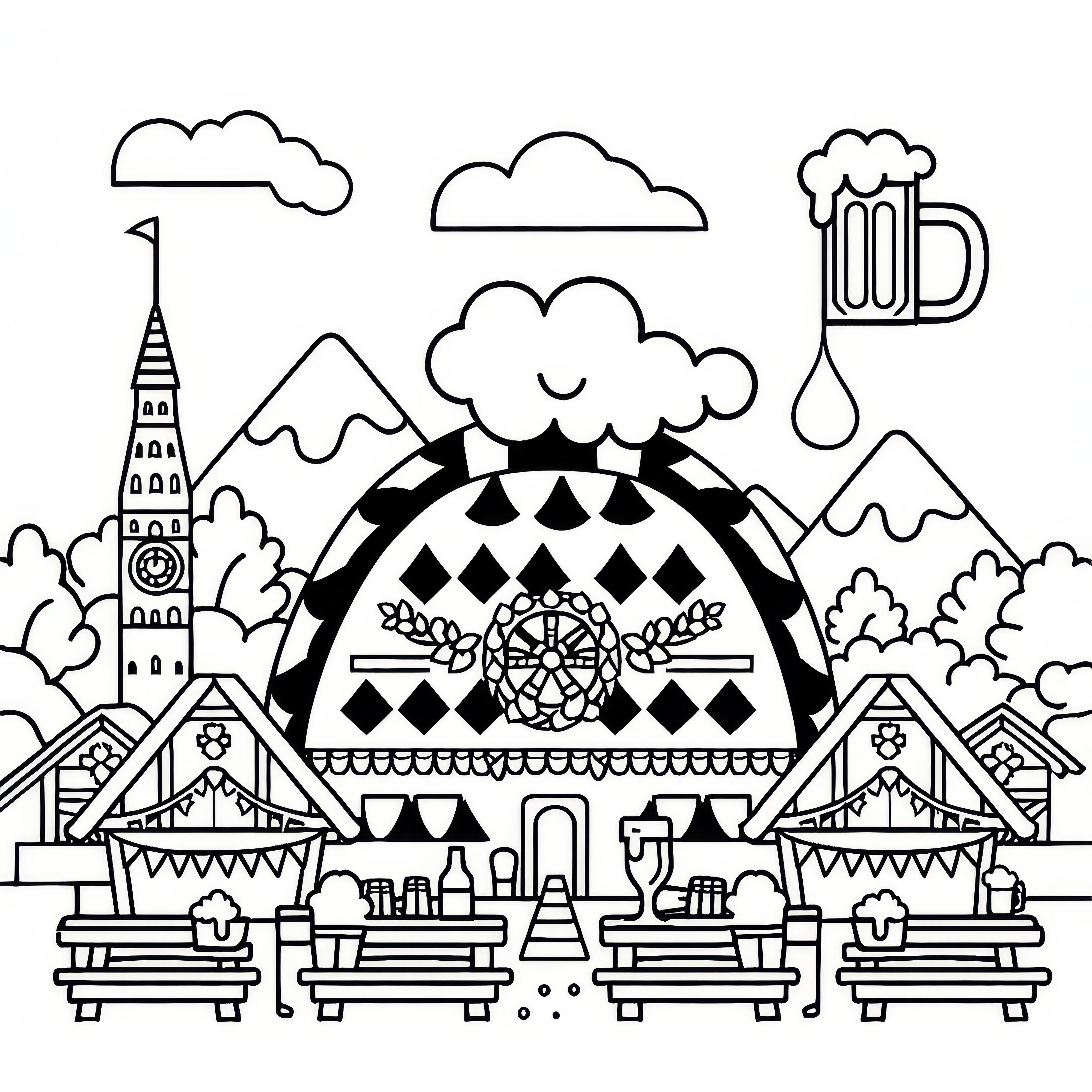 Stánek piva na Oktoberfestu: Jednoduchý obrázek k vybarvení (Zdarma)