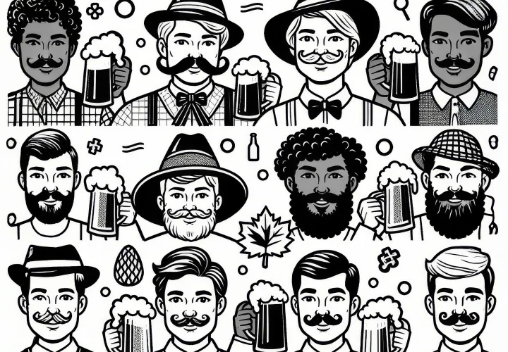 Férfiak söröskorsóval és bajusszal az Oktoberfesten: Kifestő lap letöltéshez (Ingyenes)