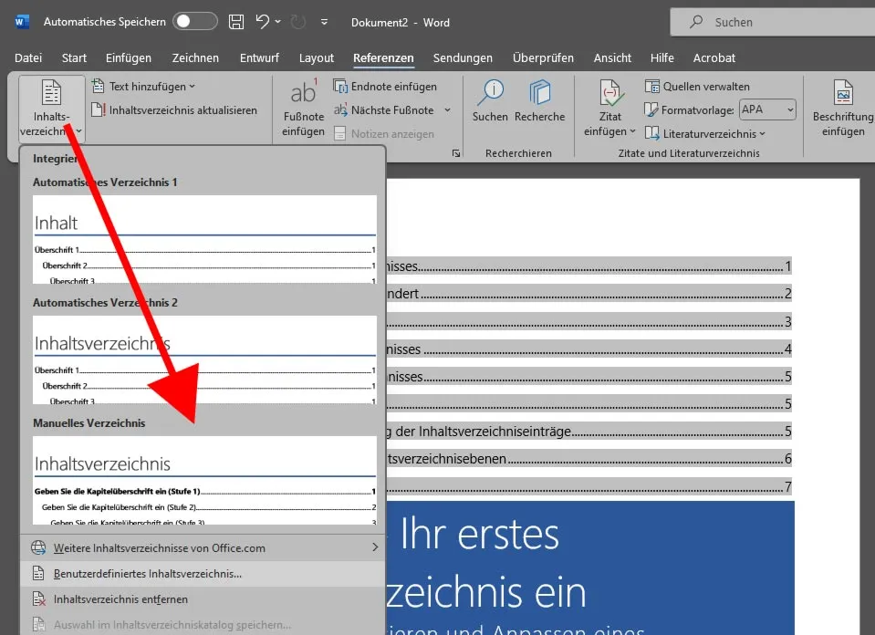 Manuelles Inhaltsverzeichnis in Microsoft Word einfügen