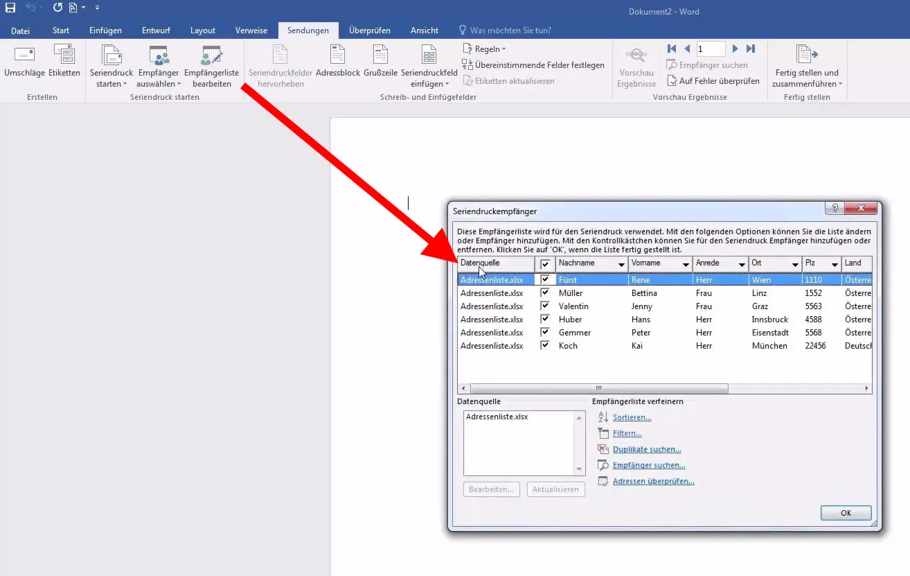 Serienbrief in Word erstellen - Empfängerliste bearbeiten