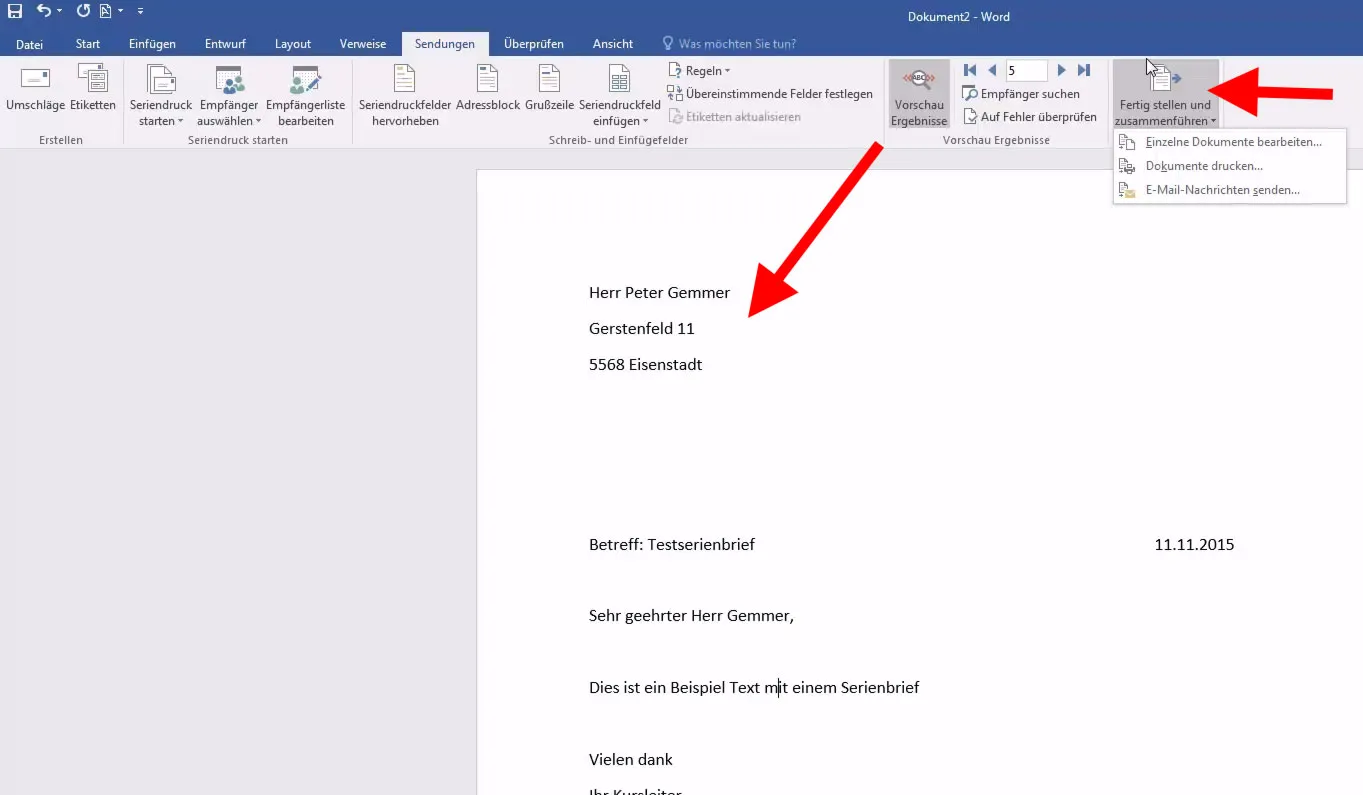 Serienbrief in Word erstellen - Vorschau