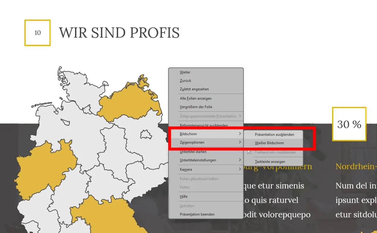 Folien ausblenden in PowerPoint über das Kontextmenü während der Präsentation