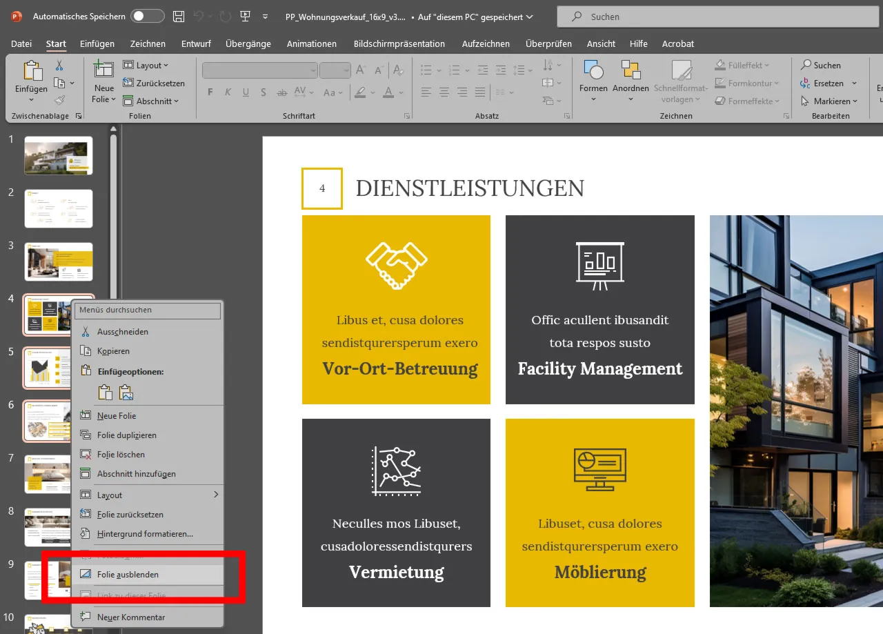 PowerPointis kustutage kile kontekstimenüü kaudu.
