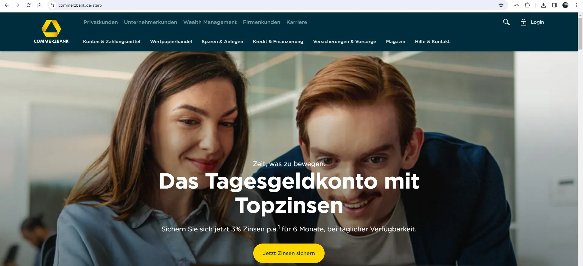 Commerzbanki avaleht logoga ja navigeerimisega
