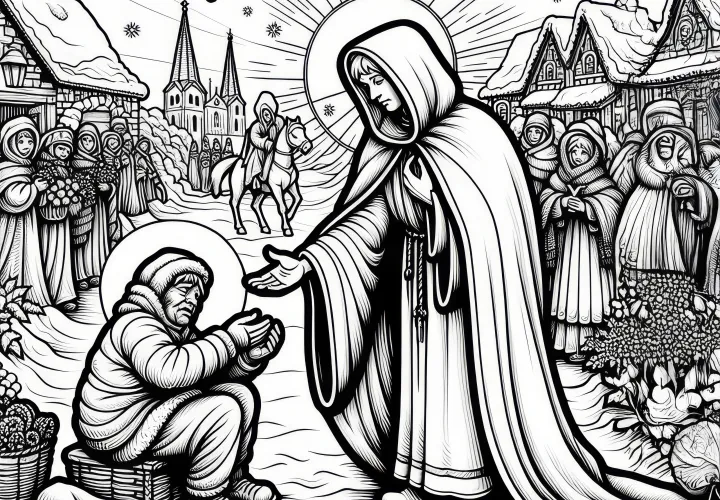 Szent Márton és a szegény ember a Márton-napi ünnepséghez mint színezőlap (Ingyenes)