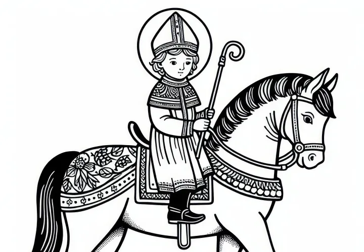 Ló Szent Mártonnal és részletes nyereggel, mint színezőlap (Ingyenes)