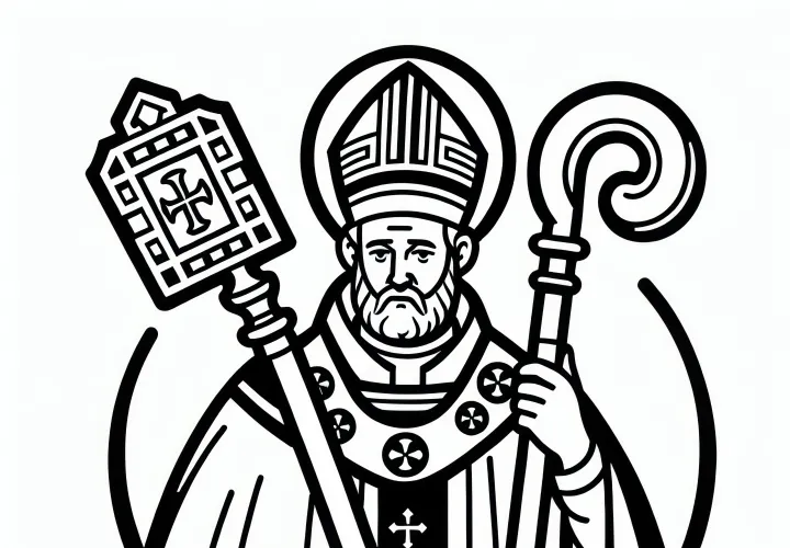 Szent Márton püspökként mitrát és pálcát tartva: Egyszerű színező kép a Márton-napra (Ingyenes)