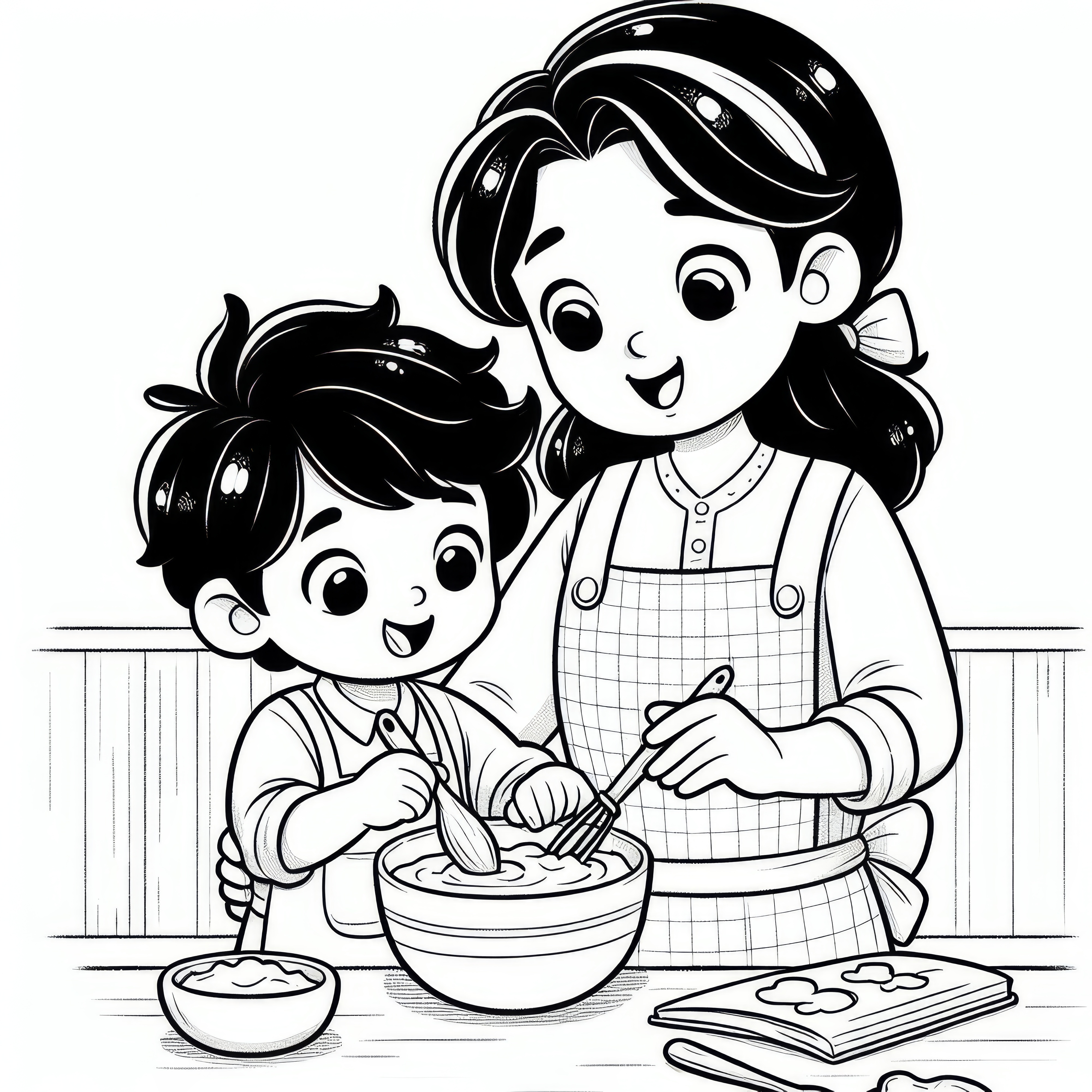 Mother and child bake a cake: Coloring picture for Mother's Day (Free)