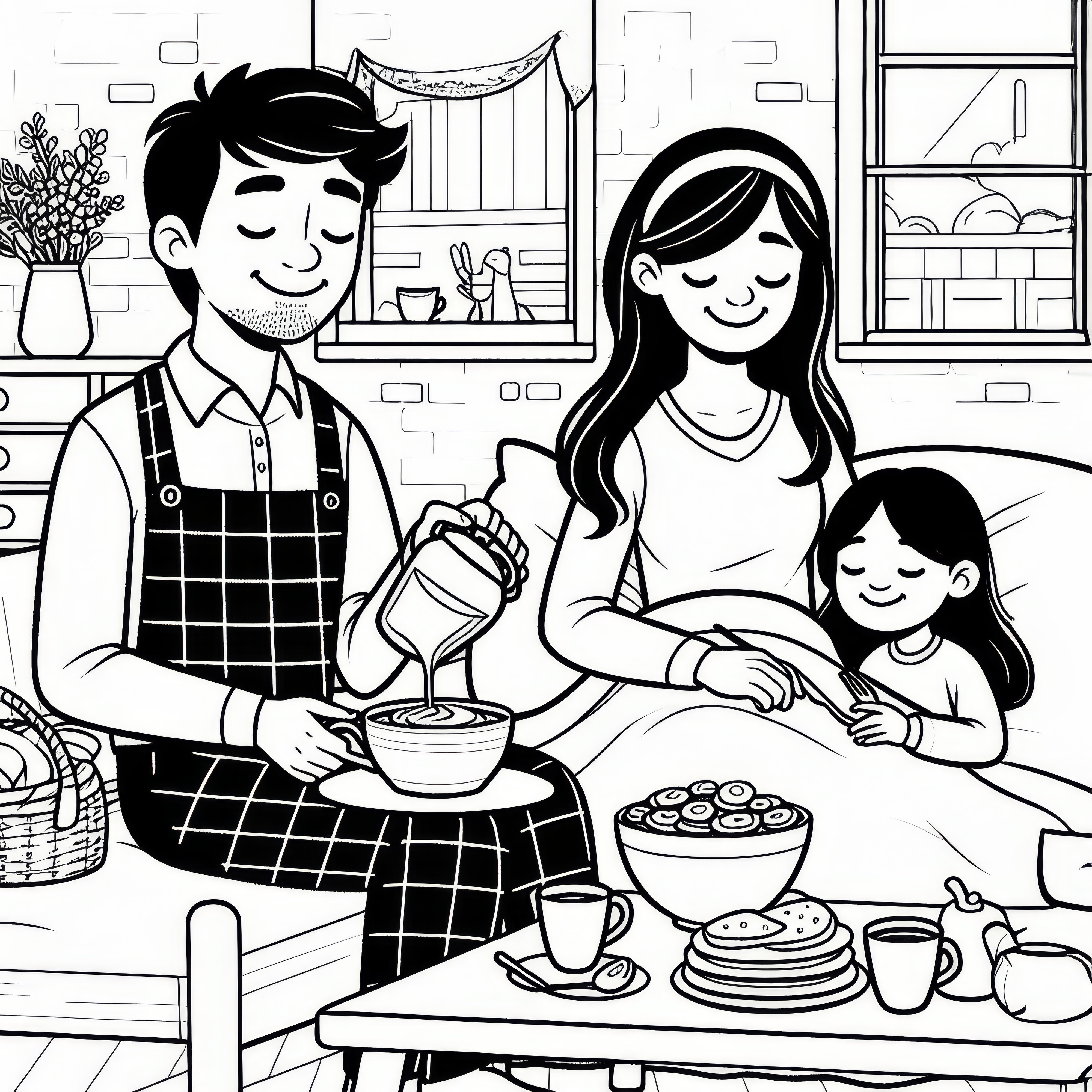 Family surprises mother with breakfast in bed for Mother's Day: Free coloring picture