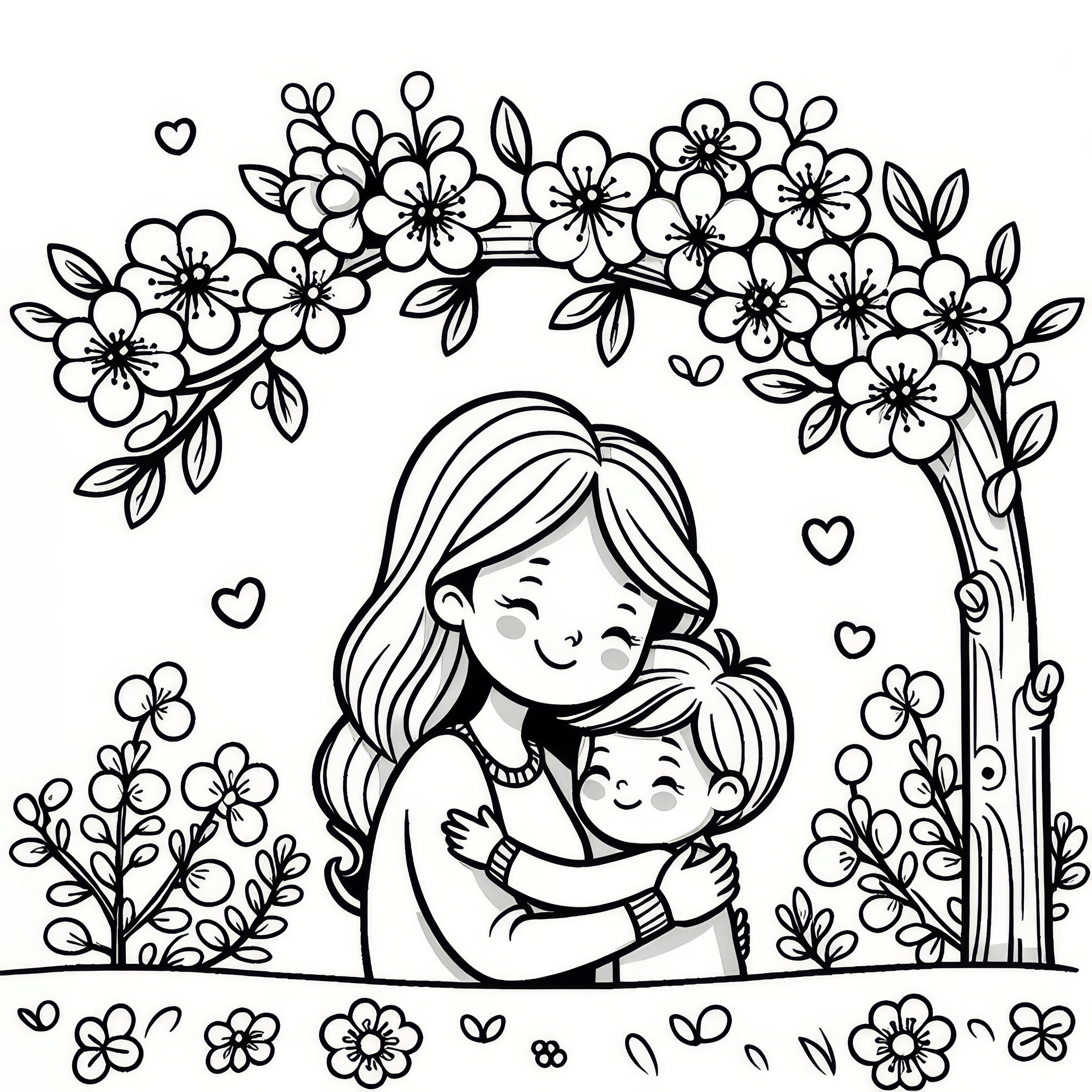 Mother and child hugging under a blooming tree: Free coloring page