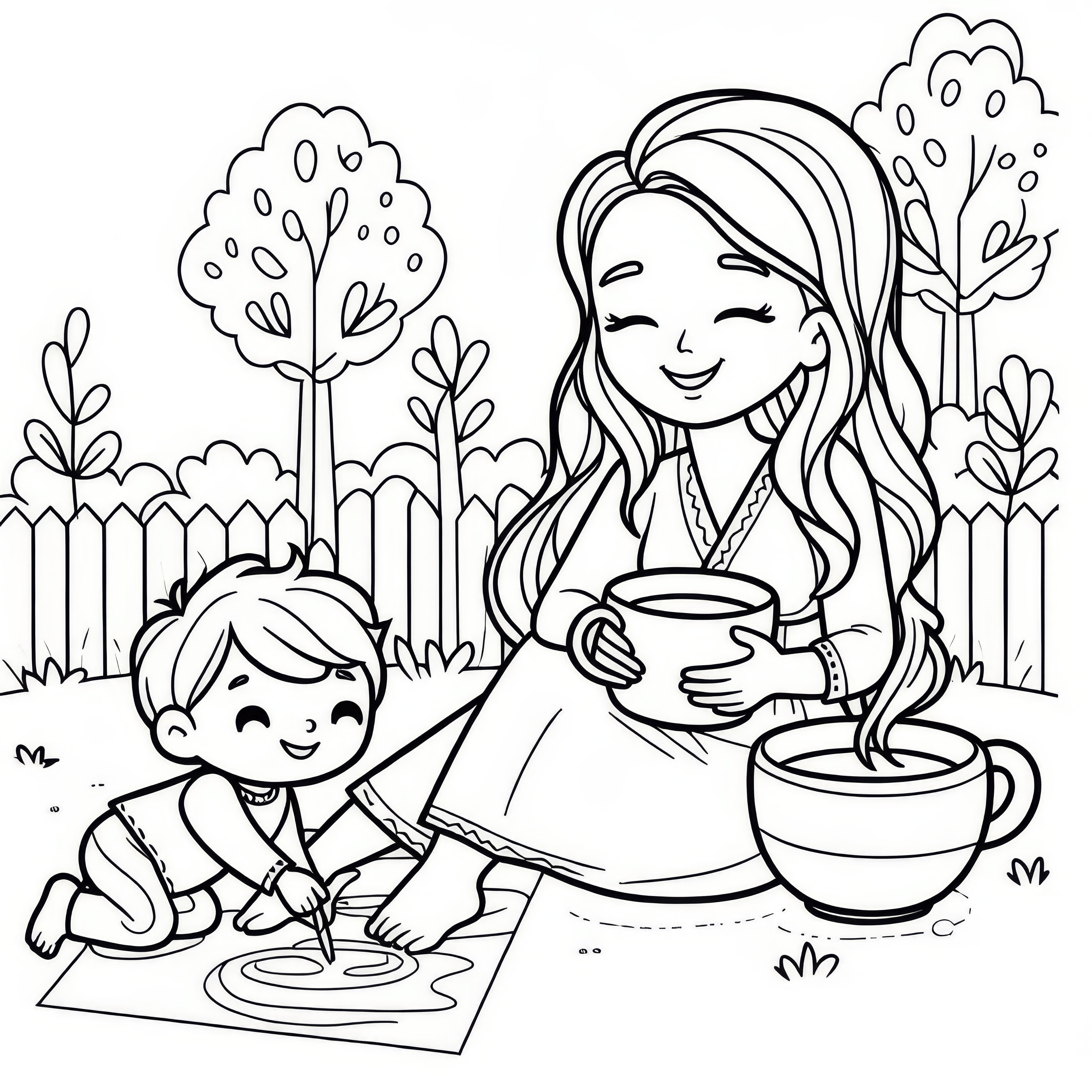 Mother enjoys a cup of coffee while her child plays: Coloring picture for download (Free)
