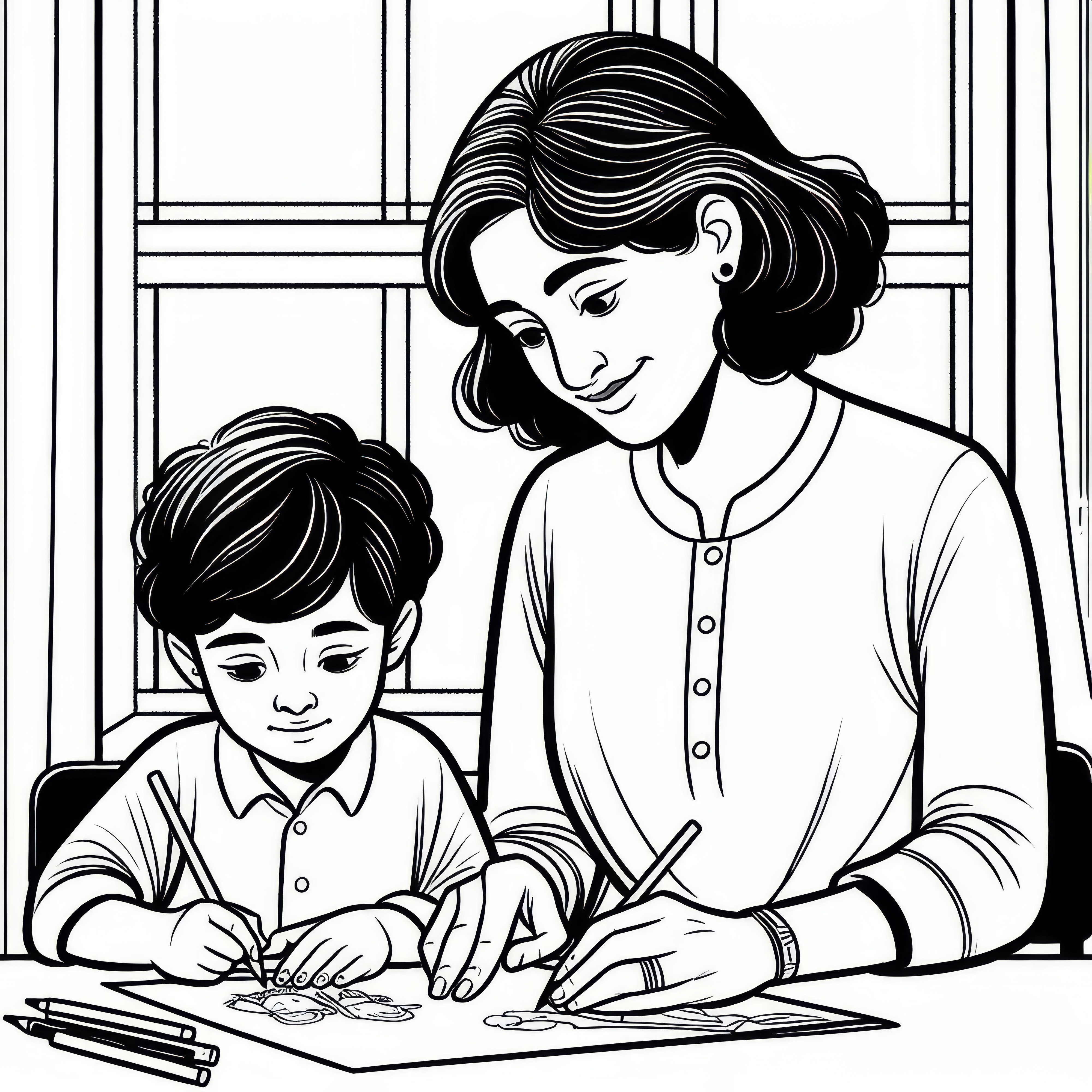Mother and child drawing at the table: Coloring picture for Mother's Day (Free) 