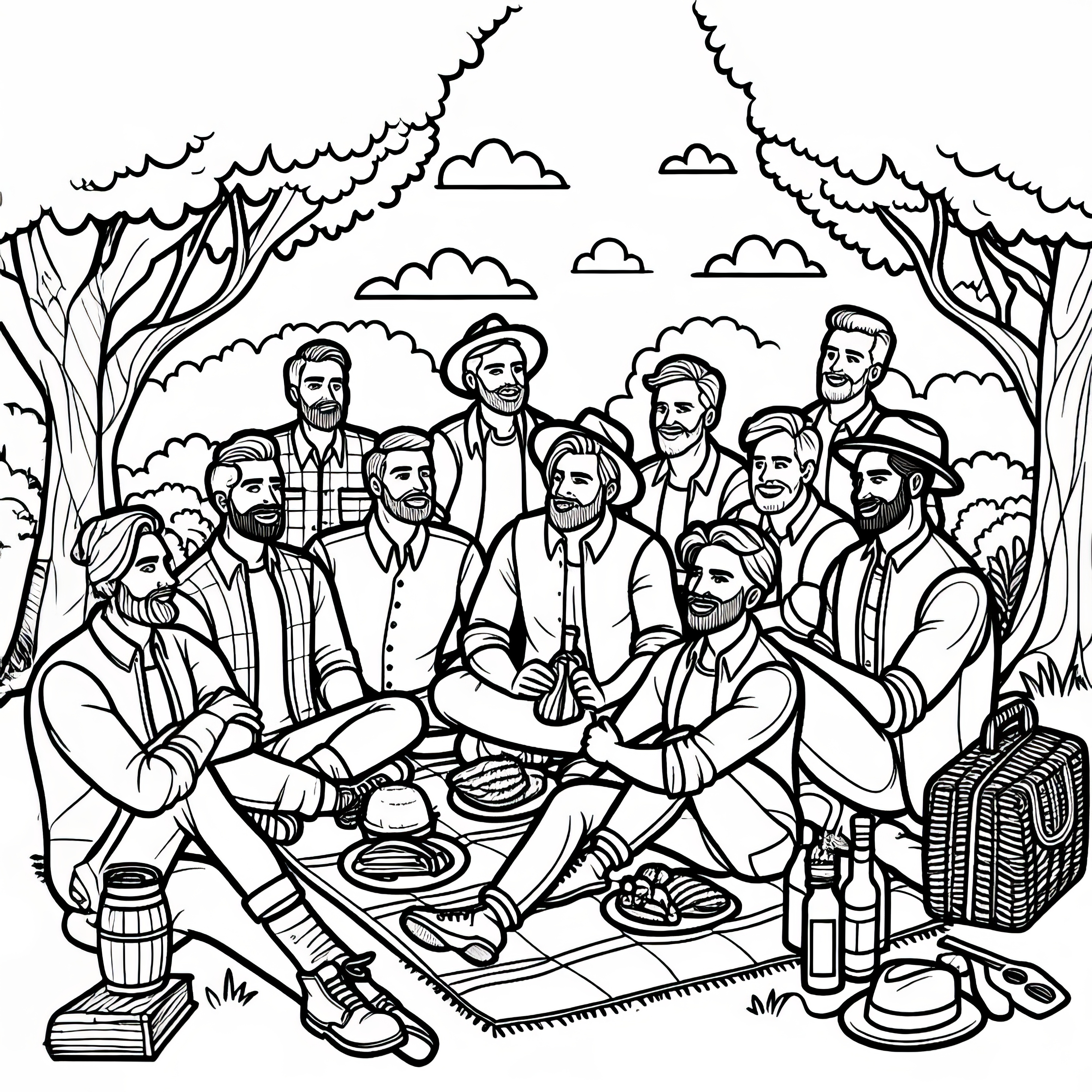 Uomini seduti su un tappeto per un picnic durante la festa degli uomini: disegno da colorare da scaricare (gratuito)