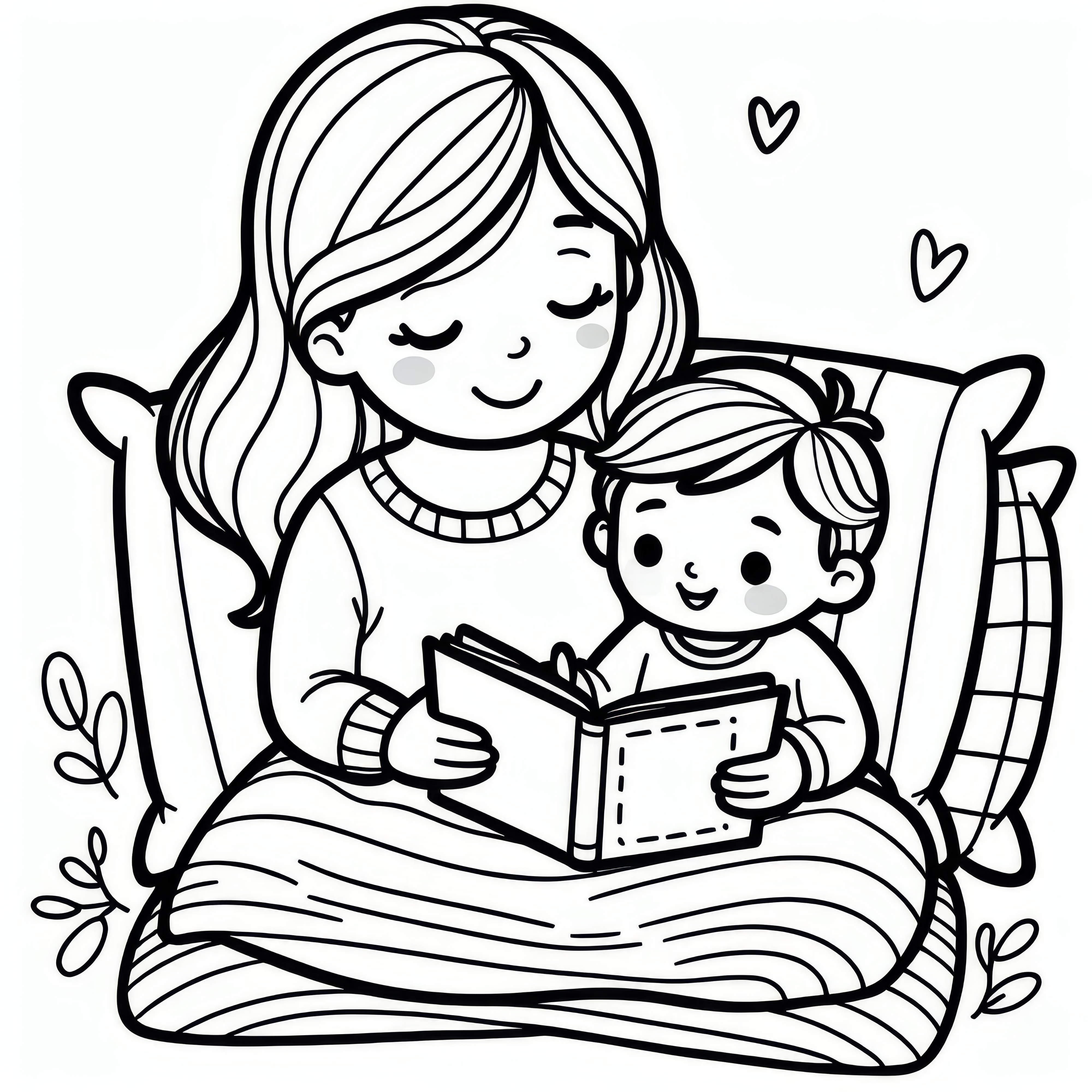 Mother reads a book to the child while snuggling together: Coloring picture for Mother's Day (Free)